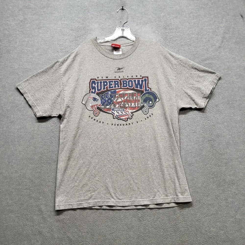 VINTAGE New England Patriots Men Shirt Gray Reebok New Orlean‎ Super Bowl
